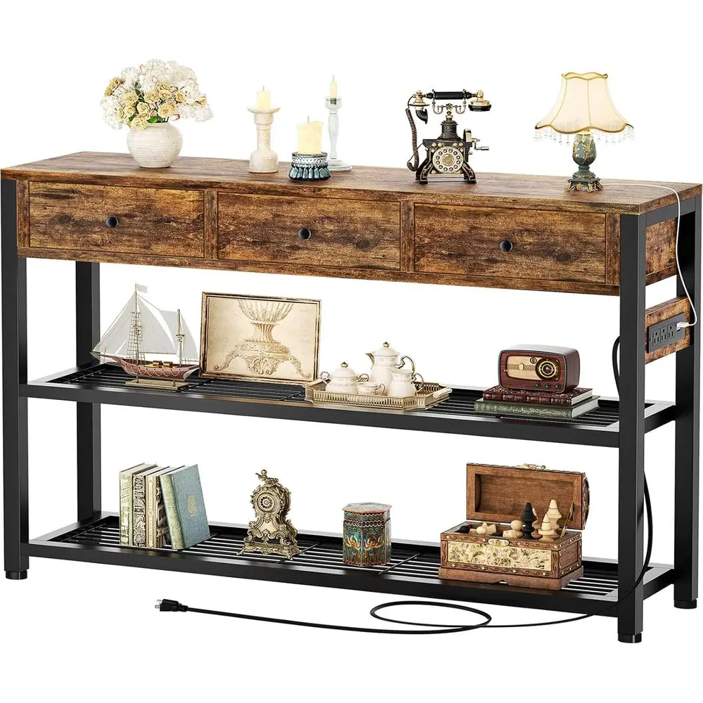 

Rustic Brown 47-Inch Entryway Console Table with Storage Drawers and Outlets, Ideal for Living Room, Hallway, and Kitchen