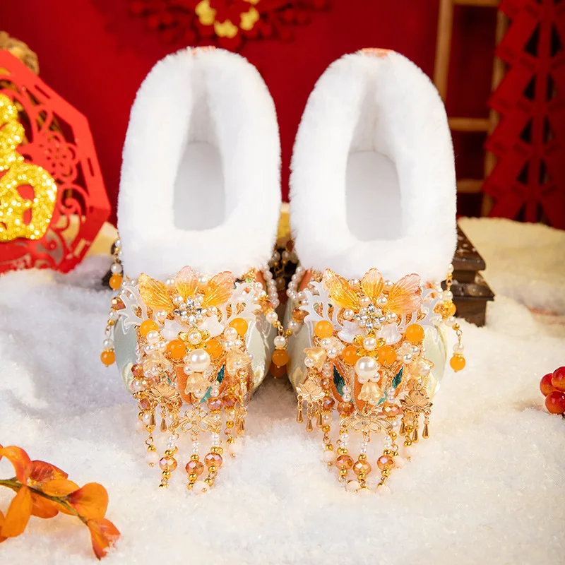 CY323 2024 Winter New Hanfu Shoes with Velvet with Horse Face and Upside-down Brocade Shoe with Ethnic Style