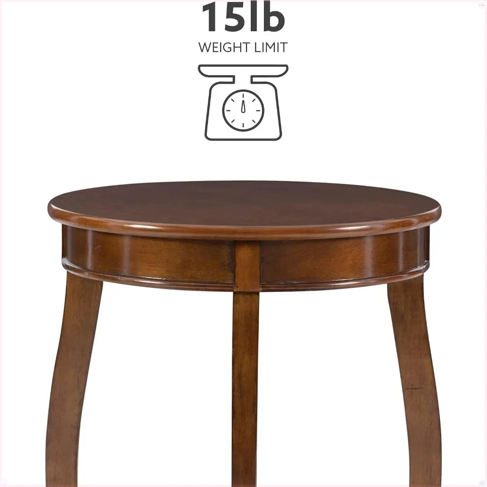

Hazel-colored round side table with storage shelf, dimensions: 18 inches (length) x 18 inches (width) x 24 inches (height)