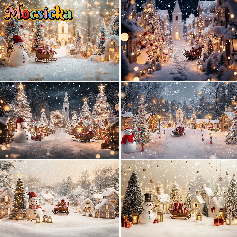 Fondo de fotografía de árboles de Navidad de muñeco de nieve de Navidad pared de madera rústica luces parpadeantes regalos decoración niños retratos telones de fondo