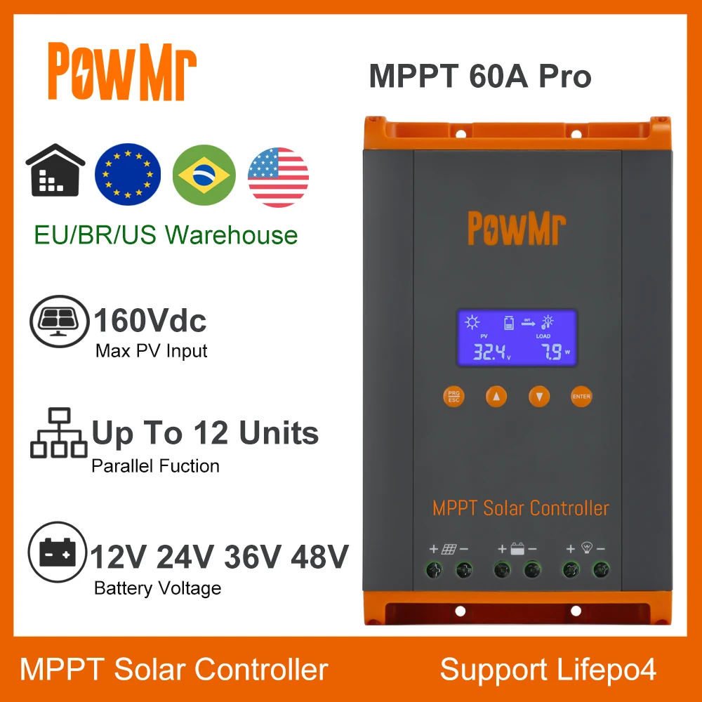 controlador de carga solar powmr mppt display lcd painel solar maximo suporte paralelo e max 12 units 60a 12v 24v 36v 48v pv 160v novo 01