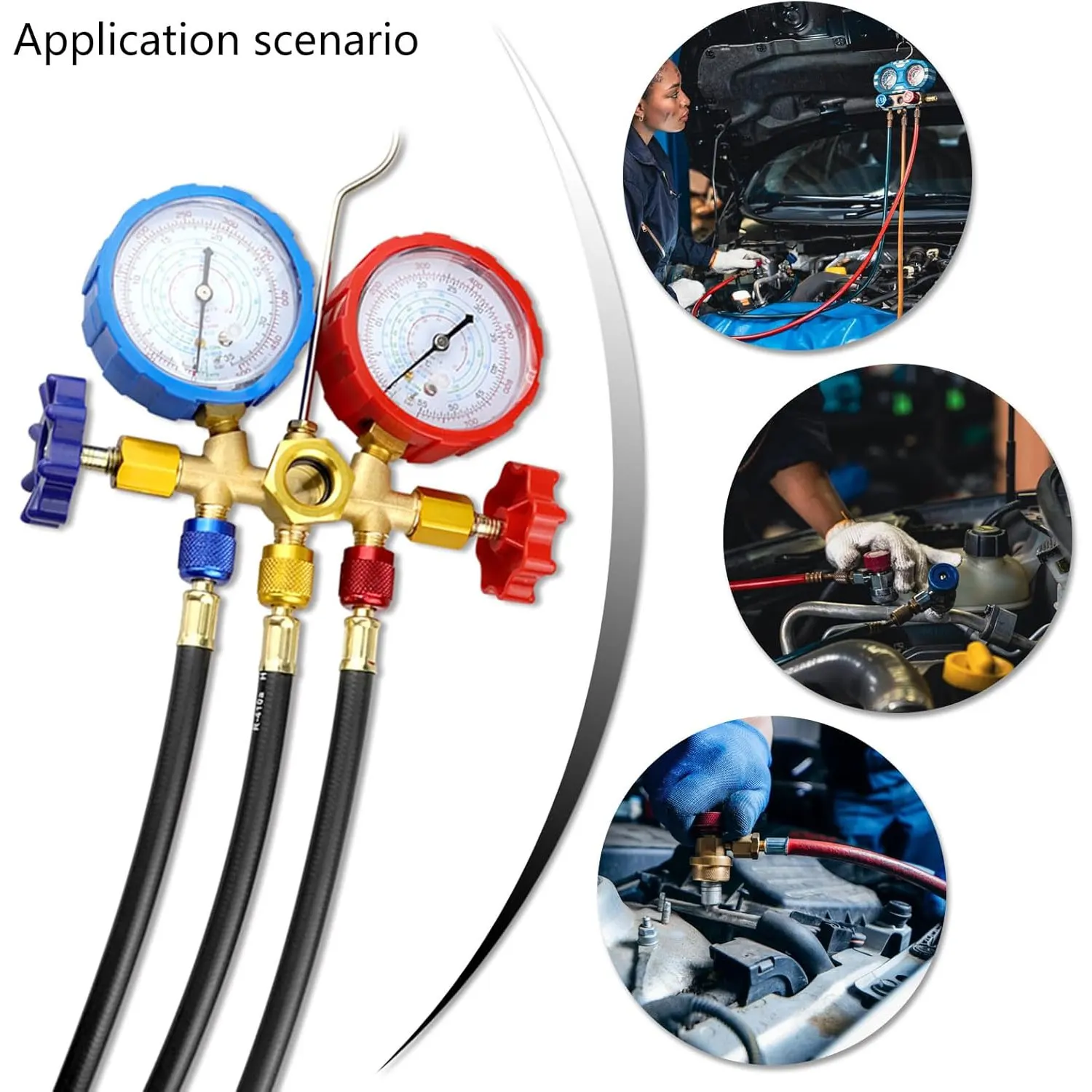 

Refrigerant Manifold Gauge Set Diagnostic Air Conditioning Tool Hook Hose for R410A R32 R404A R134A Refrigerant Charging