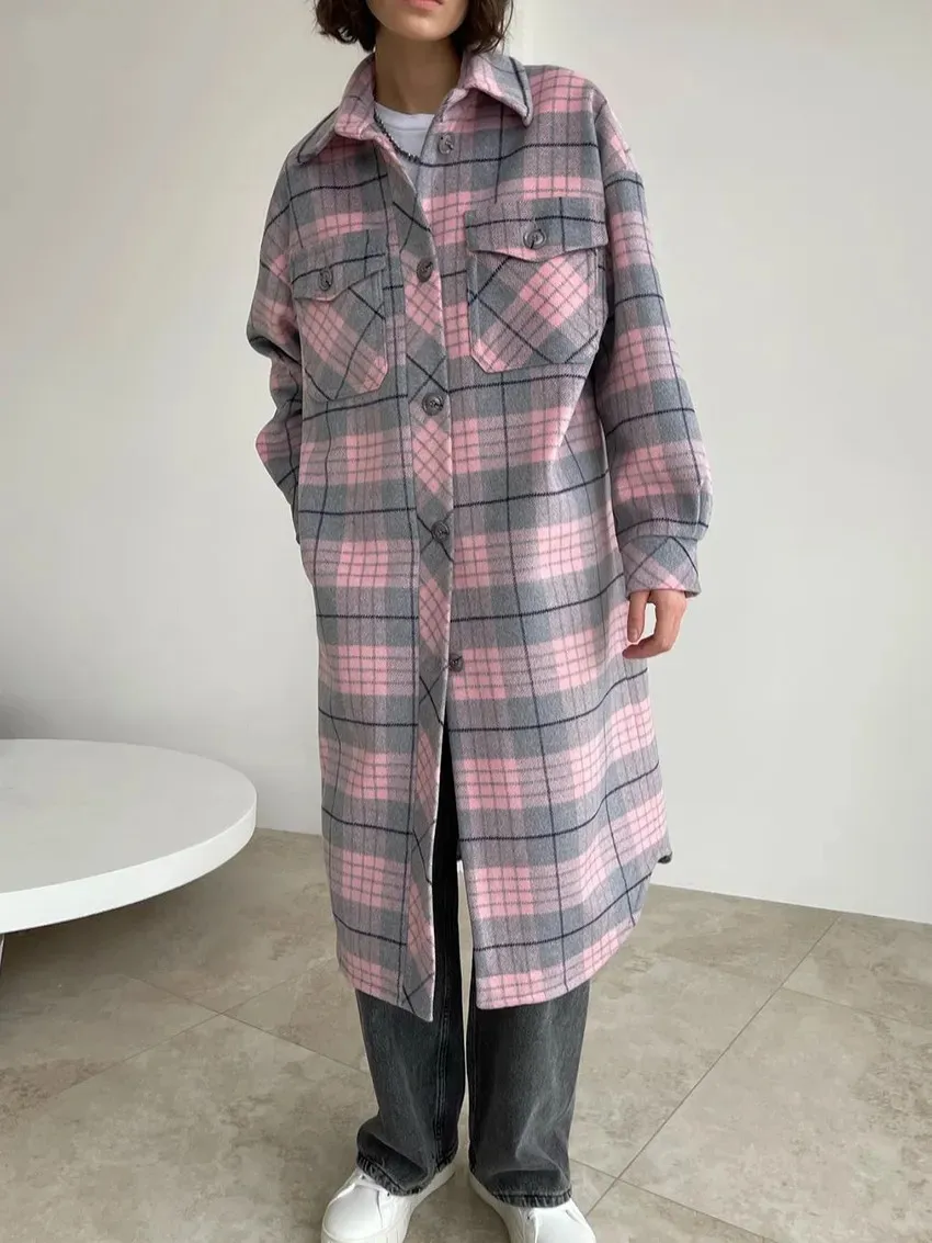 

Winter Loose Plaid Women'S Windbreaker Elegant Classic Warm Long Woolen Jacket Coats Lady Fashion Long Sleeve Office Trench Coat