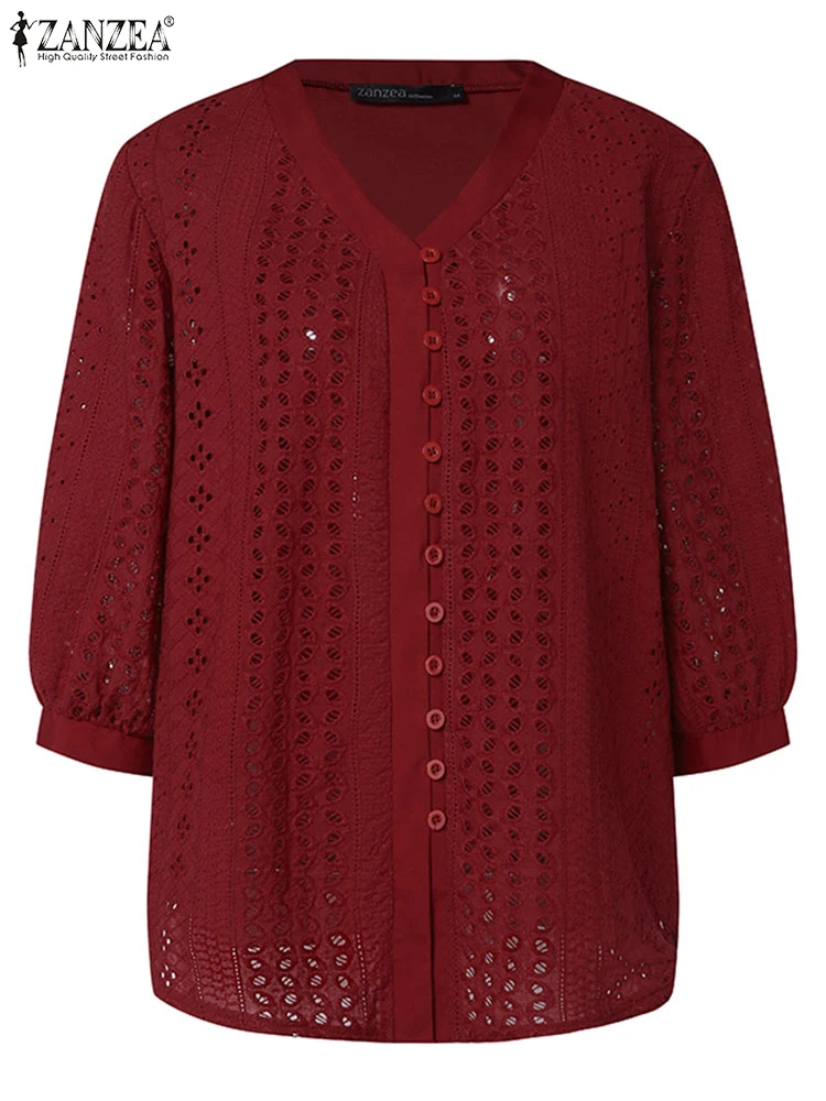 ZANZEA แฟชั่น Openwork เย็บปักถักร้อยเสื้อสตรีฤดูร้อนหลวม V คอ 3/4 แขนเสื้อถักโครเชต์ลูกไม้ Chemise Femme สบายๆเสื้อ