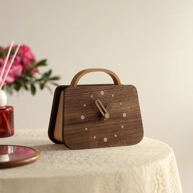 

Creative Handbag Table Clock Black Walnut Decorative Clock for Office Unique Handcrafted Home Decoration with Silent Movement