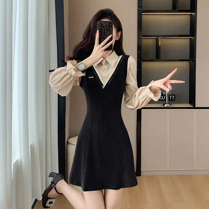 French Style Polo-Neck Mini Dress Female Clothing Fake Two Pieces Patchwork Autumn Basic Long Sleeve Stylish Bow Vintage Dresses