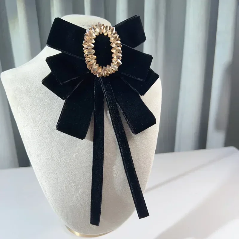 New Luxury Rhinestone Vintage Velvet Black Bow Tie Women's Professional Shirt Coat Necktie Accessories High End Jewelry Gifts