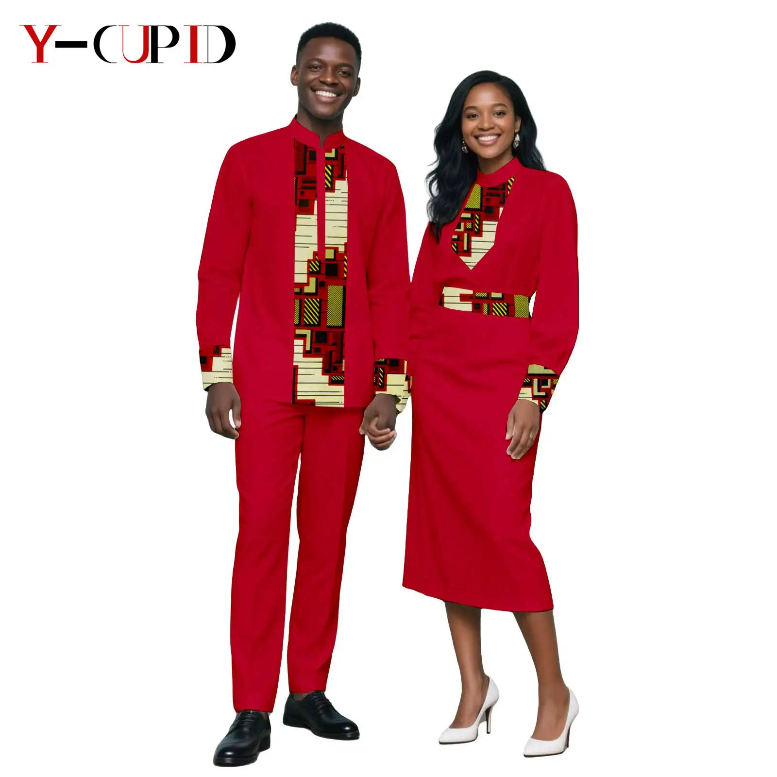 

African Print Hip Dresses for Women Matching Couple Clothes Men Outfits Dashiki Long Sleeve Top and Pant Sets Wedding 25C068