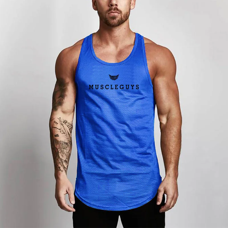 Summer Men New Mesh Quick Dry O-neck Printed Slim Fit Gym Workout weightlifting Sports Bodybuilding Fitness Sleeveless Shirt