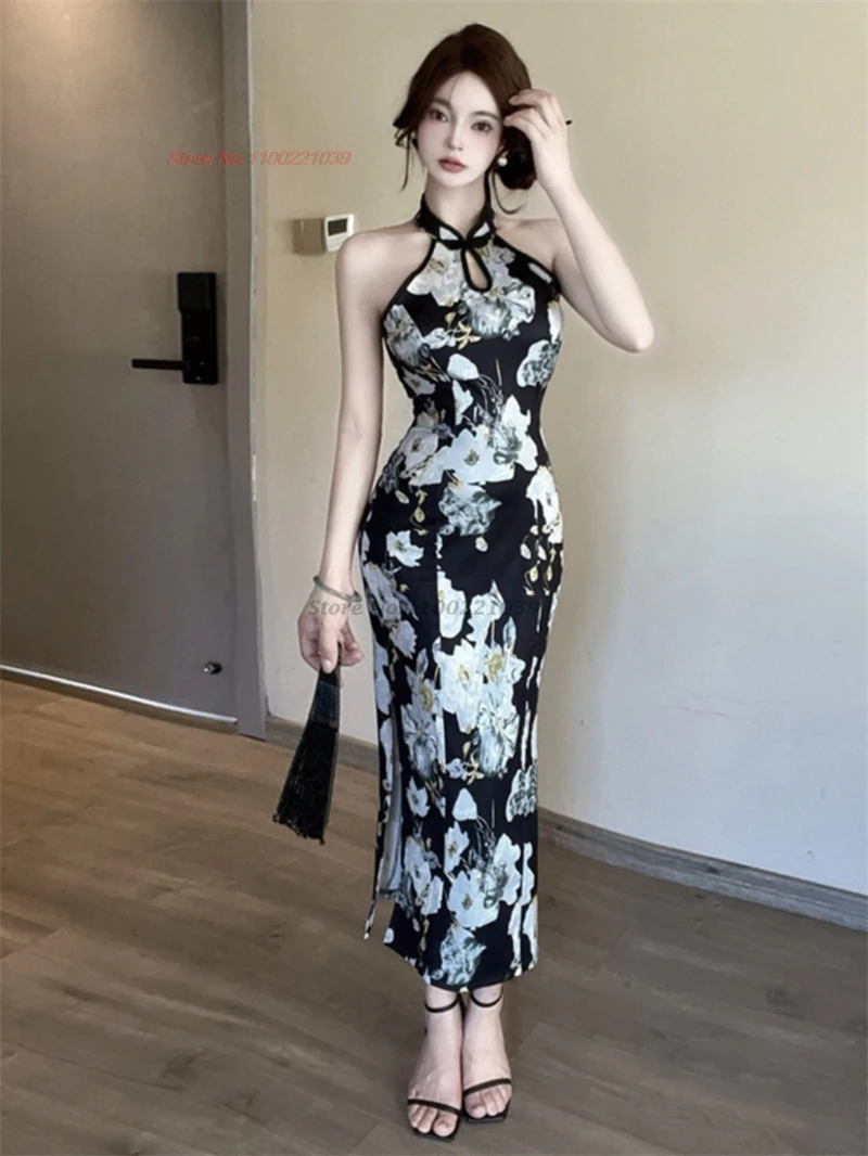 2025 chinese sexy dress sleeveless cheongsam flower print party evening dress traditional nightclub qipao sexy dress vestido