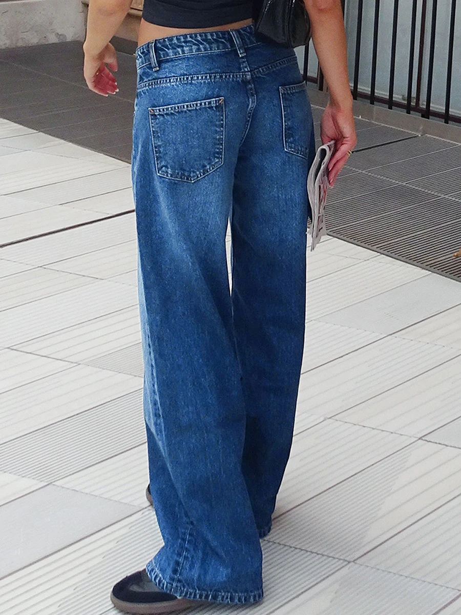 Women's Low Rise Jeans Wide Leg Trousers with Multi Pockets Oversized Fit Floor Length Buttons and with zip Washed Denim Pants