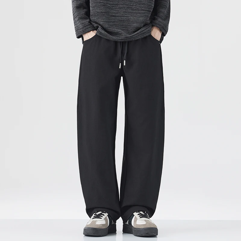 

2025 Autumn Japanese Retro Solid Color Loose Straight Casual Pants - 100% Polyester Curved Hem American Streetwear for Men
