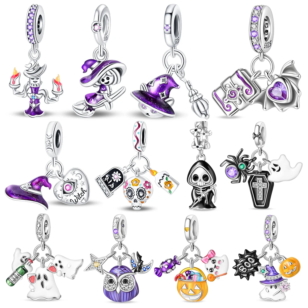 Purple 925 Sterling Silver Little Witch&Magic Hat&Candles&Tombstone Skeleton Pendant Fit Brand Bracelet Party Jewelry