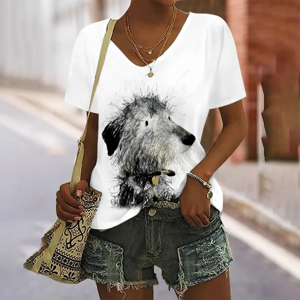 Women's T-Shirt Animal Pattern Printing Fashion Casual Oversized High-Quality Tees V-Neck Women's Clothing Summer