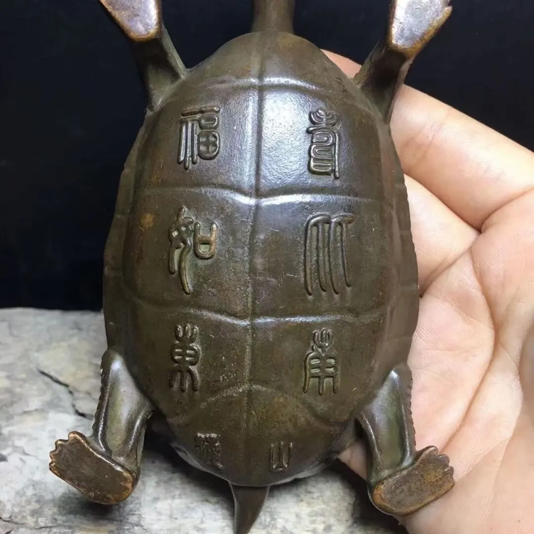 Vintage Fortune Ingot Turtle Incense Burner Copper Tortoise Censer Home Tea Table Aroma Ornament Curio Collectible Decor