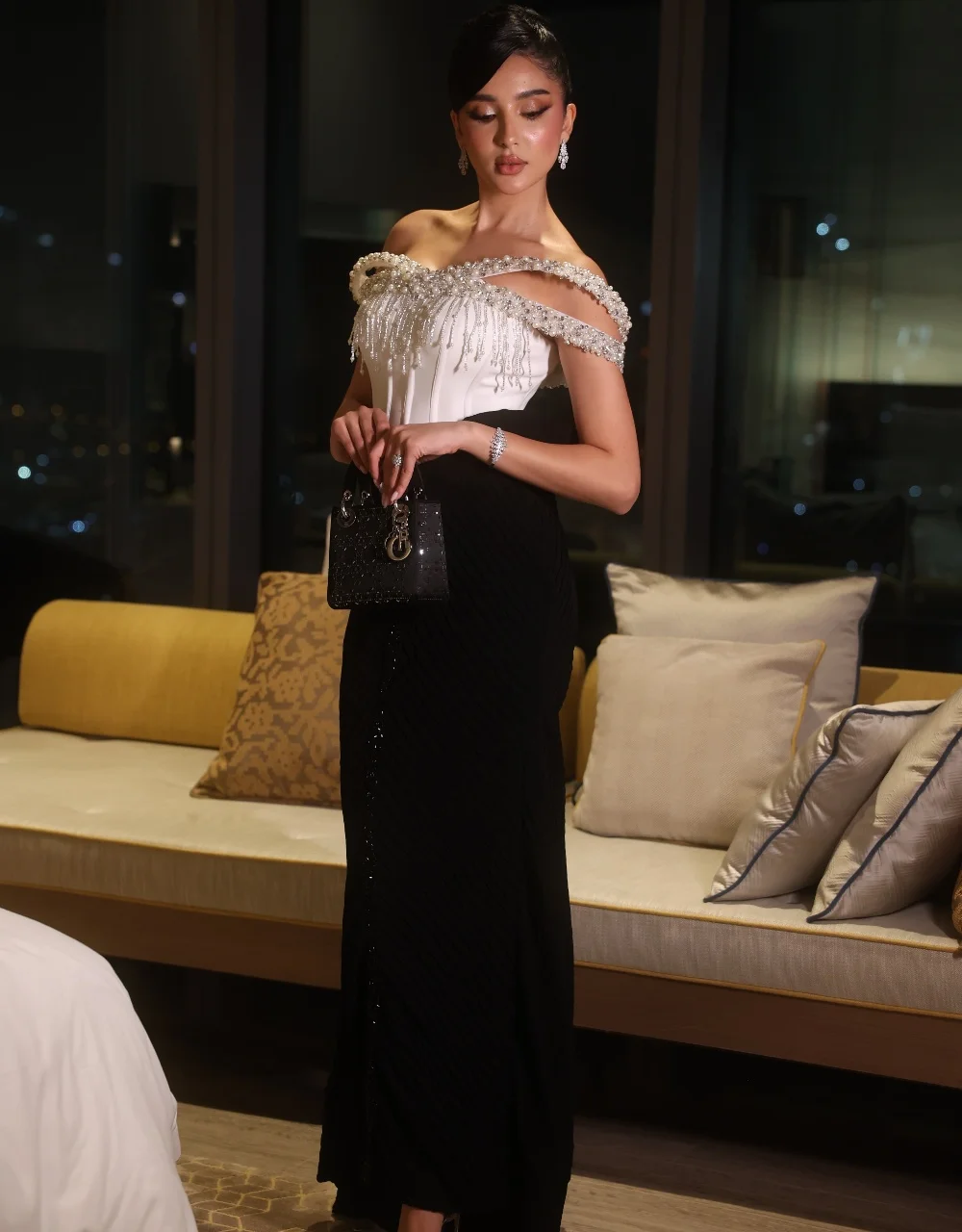 Customized High Quality Jersey Pleat Sequined Straight Off-the-shoulder Long Bespoke Occasion Prom Dresses Formal