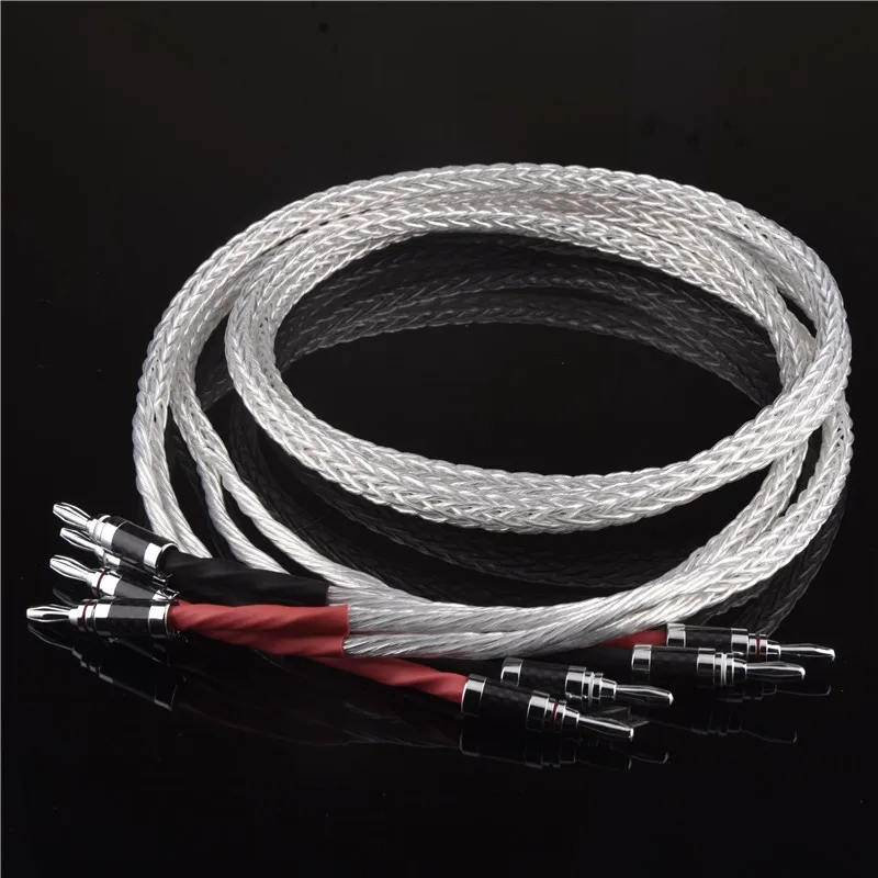 QINCROWN 1Pair 8AG Silver Plated Copper Speaker Cable Fever Speaker Amplifier HiFi Connection Cable With Banana Plug