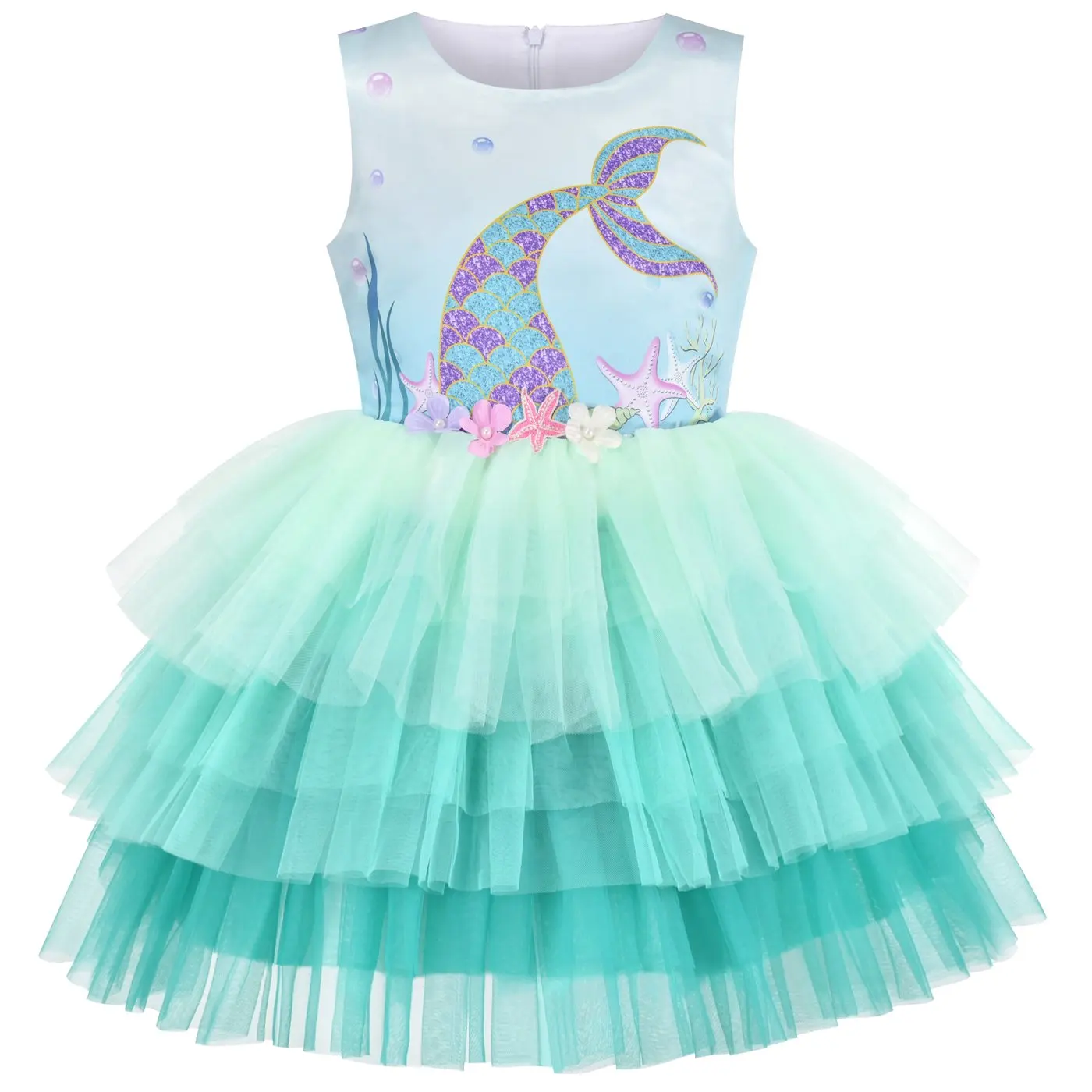 Girls Dress Emerald Green Gold Bow Star Tiered Tulle Christmas Holiday Winter