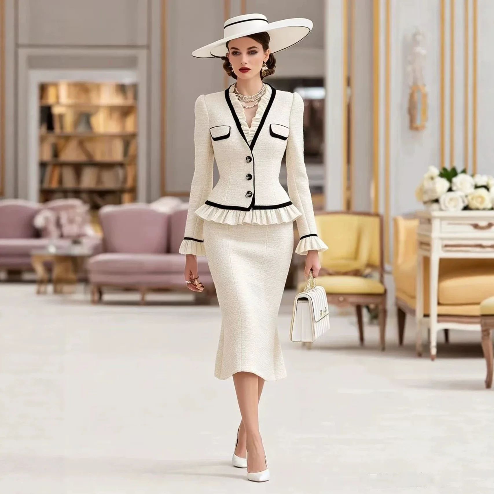 XXOWENLI Women 2‑Piece Suit V‑Neck Ruffle Trim Blazer Jacket+Mermaid Midi Skirt Elegant Office Luxury Party Matching Outfit Set view 2