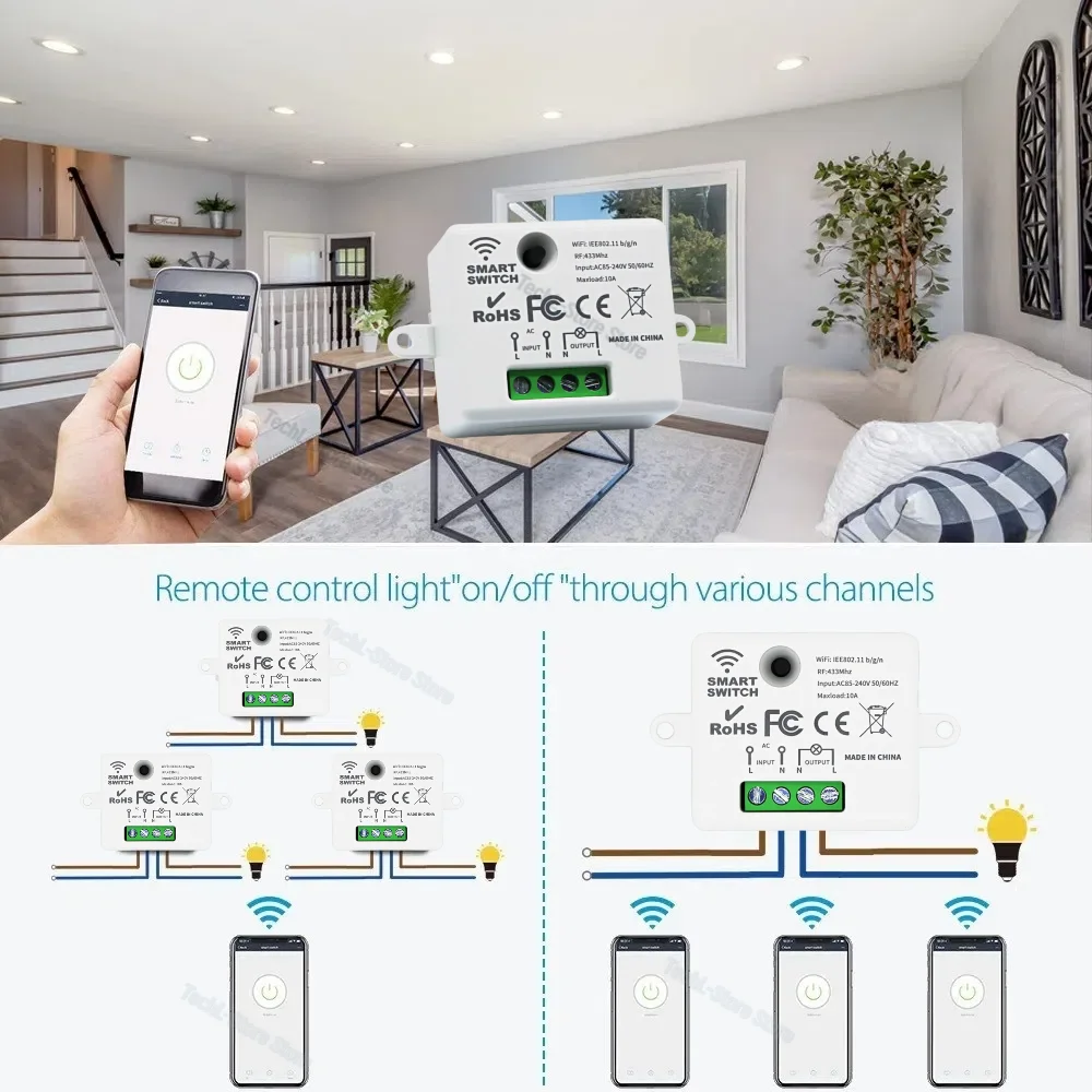 433 Mhz Drahtlose Fernbedienung AC 220 V WIFI Mini Licht Schalter RF Relais Modul Arbeit mit Tuya Smart Leben APP Google Home Alexa