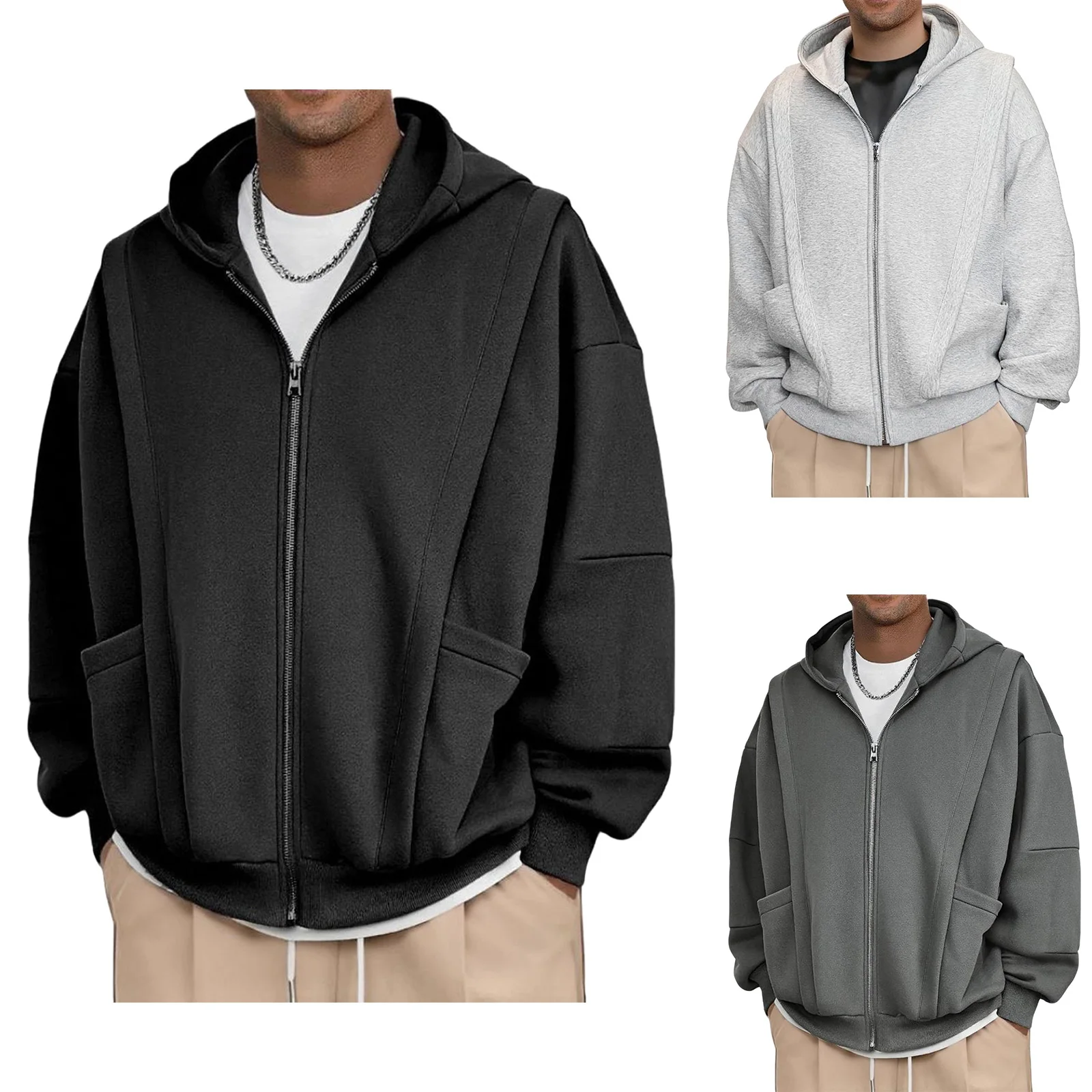 Sweat à capuche zippé pour hommes, Vintage, ample, solide, manches longues, veste à capuche avec poches pour l'hiver et l'automne