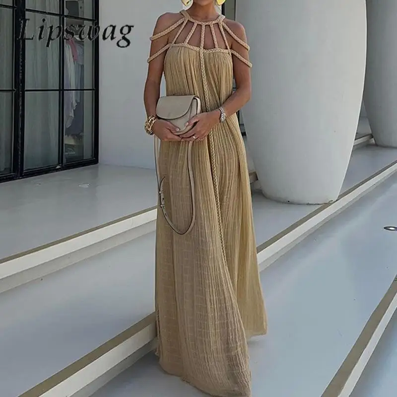 Fashion Versatile Dress Elegant Solid Color Hollow Suspender Dress Women Off-Shoulder Pullover Temperament Long Dress Vestidos