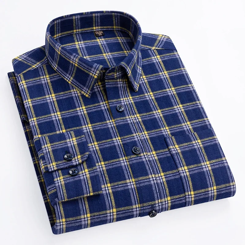 New in shirt plus size 6xl 100%cotton brushed long-sleve shirts for men slim fit casual shirt soft single pocket plaid clothes