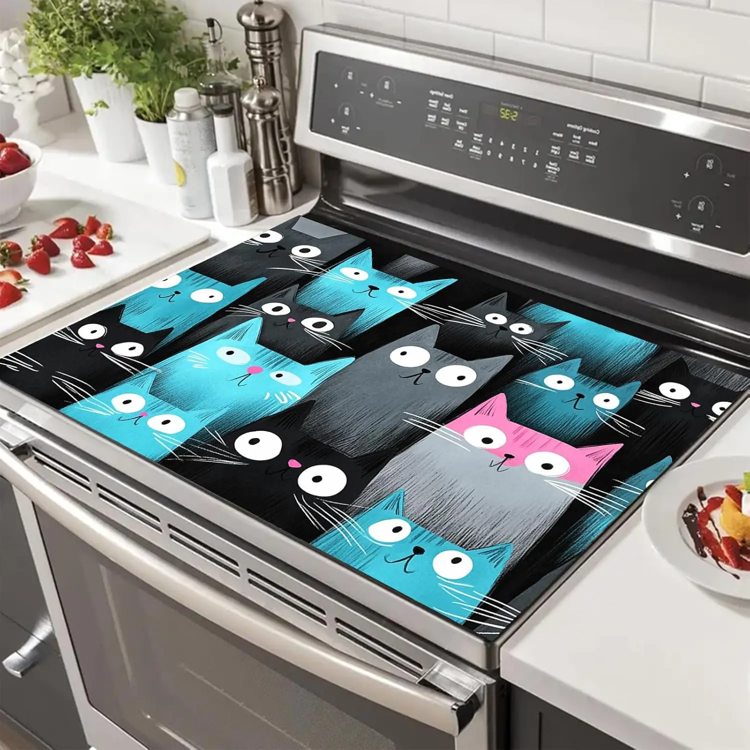 Bunte Ofenabdeckung im Katzen-Design – hitzebeständige Matte für Elektrokochfelder, Geschirrtrocknung und Wohnmobil-Küchendekoration