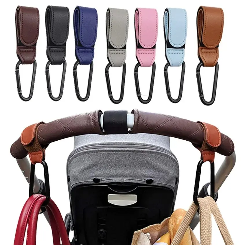 2Pcs PU Leather Baby Stroller Hooks, Adjustable Pram Diaper Bag Hanger, Kids Travel Storage Accessories