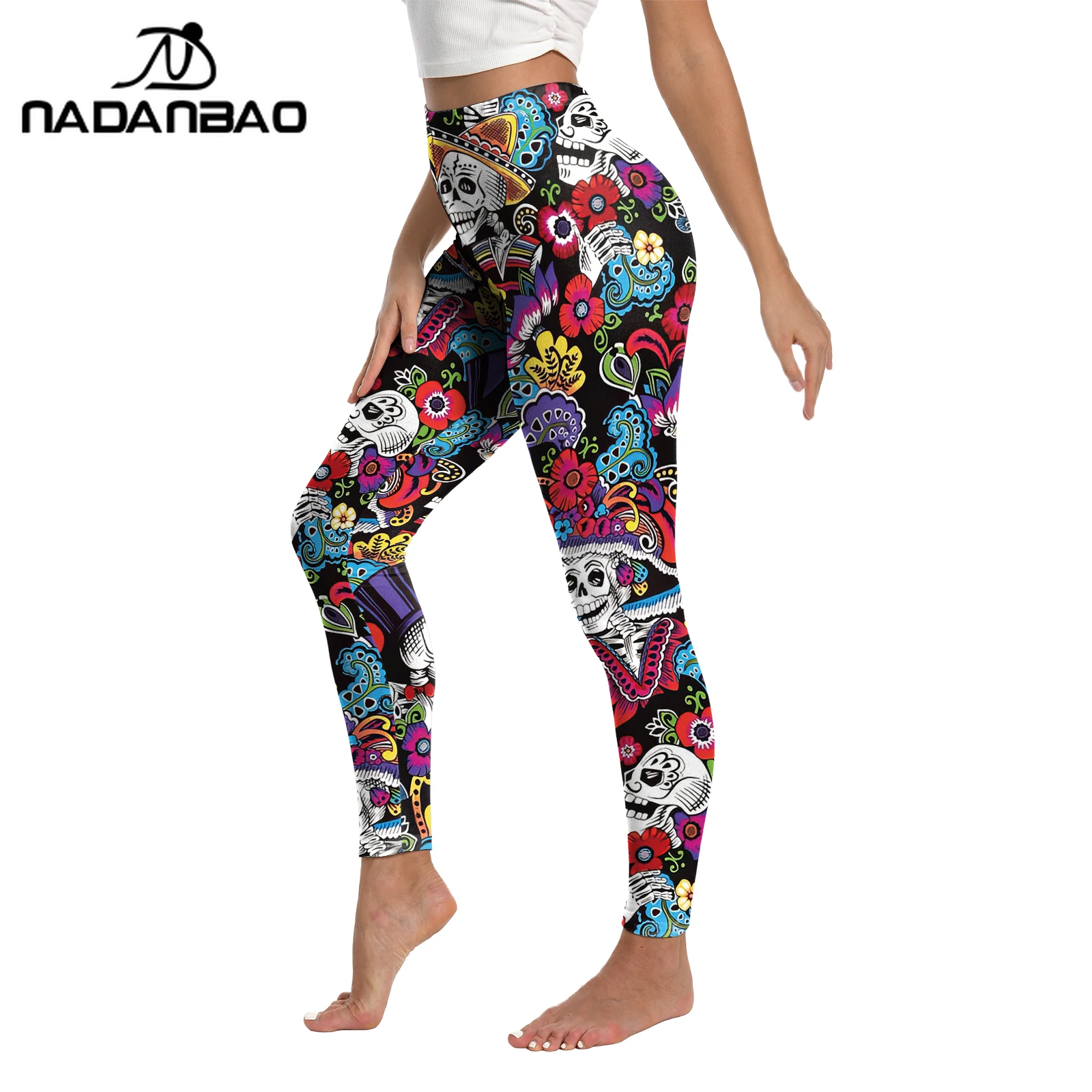 Nadanbao Leggings da donna con stampa teschio di zucchero colorato giorno dei morti Pantaloni da festival elasticizzati a vita media Collant da festa di Halloween