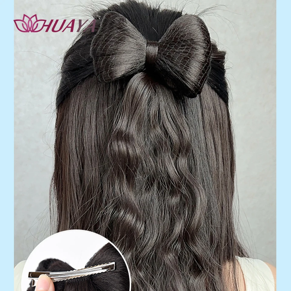 Synthetic Bow Bun Chignon with Curly Tassel Heat Resistant Natural Fake Hair Accessories Fluffy  Bow Hair Clip Wig Styling Tools