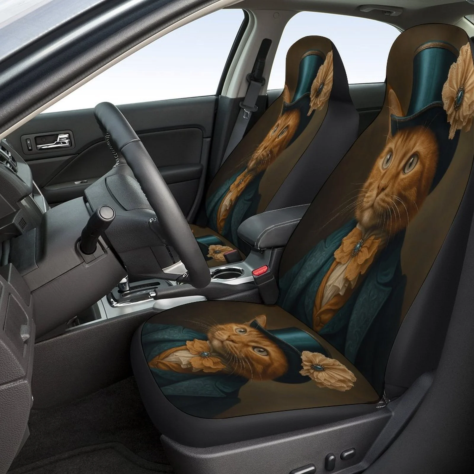 A Car Seat Cover Set Featuring A Cat In A Top Hat, Stylish And Made Of High-Quality Materials, Suitable For Most Vehicles. This