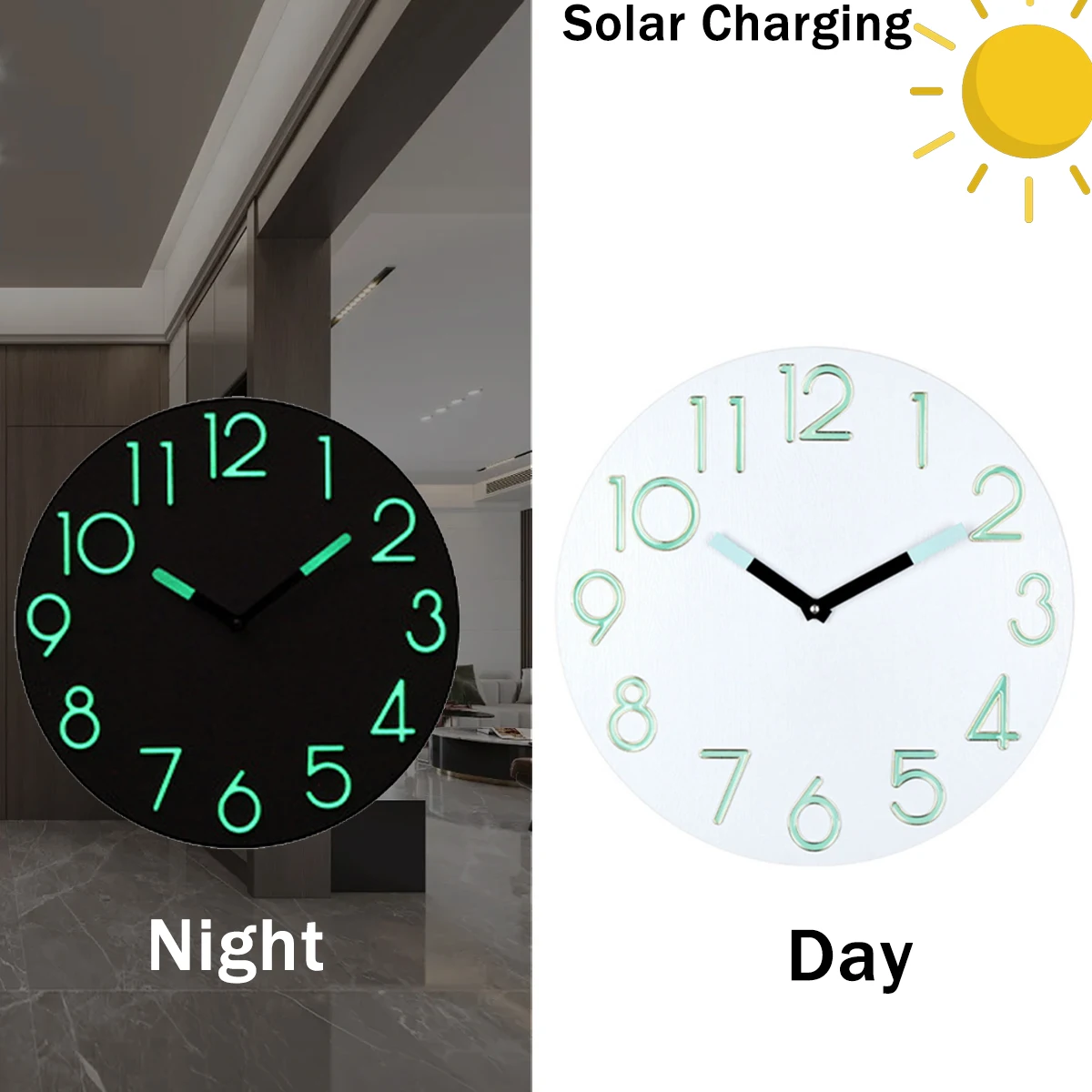 Simple Luminous Digital Clock Solar Charged Accurate Time Clock Silent Light in Dark Wall Clock for Study Living Room