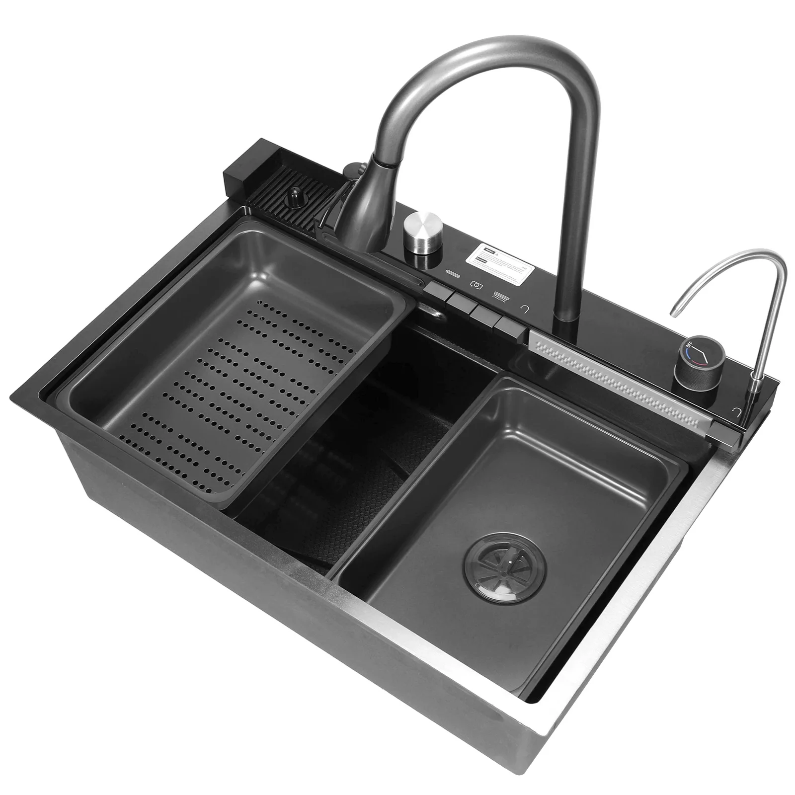 

Household Raindrop Waterfall Sinks Digital Display Integrated Basin Workstation with Pull-Out Swivel Faucet 5 Water Outlet Modes