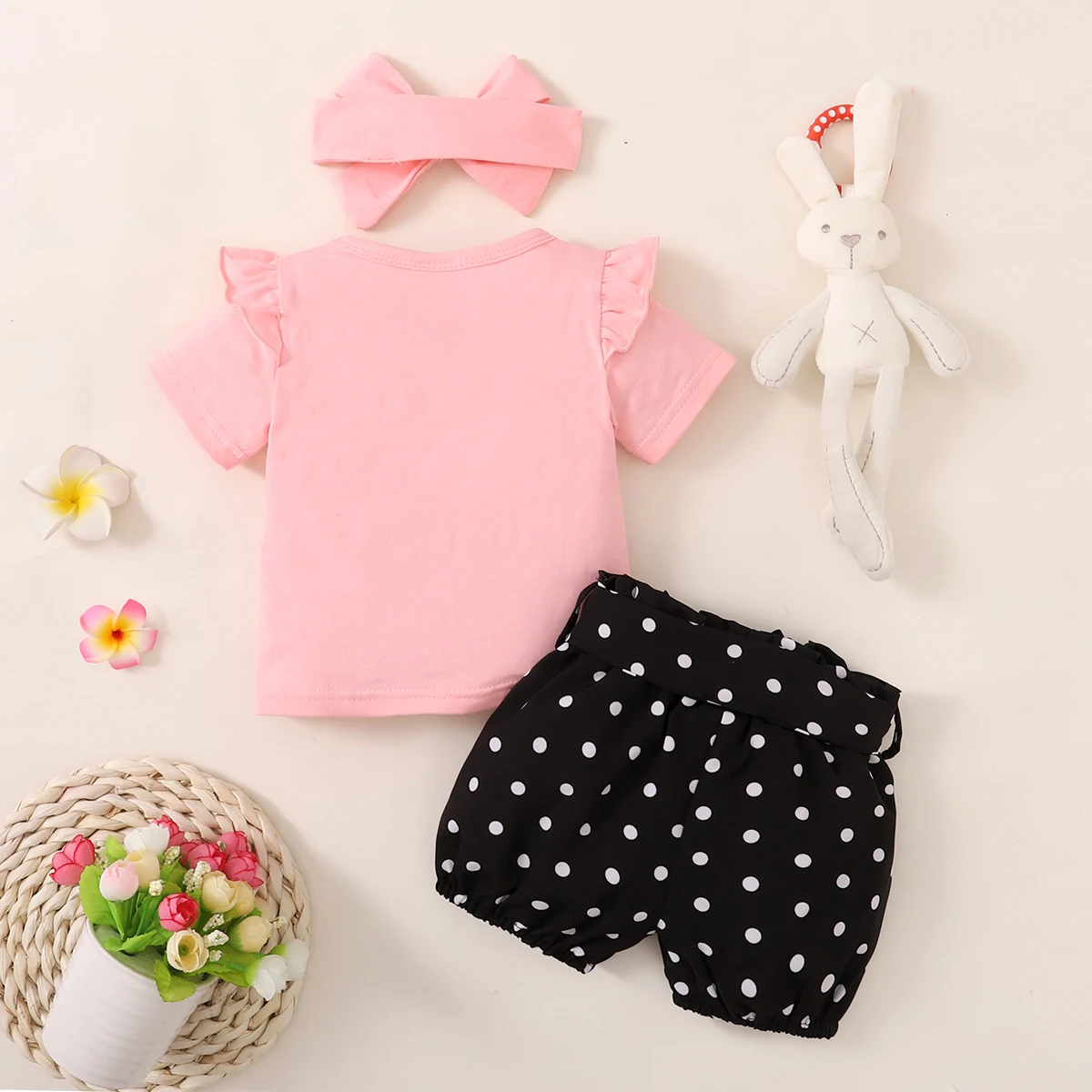 0-18 Months Toddler Baby Girl 3PCS Set Rabbit Print T-shirt+Polka Dots Shorts+Headwear Fashion Lovely Infant Baby Girl Outfit