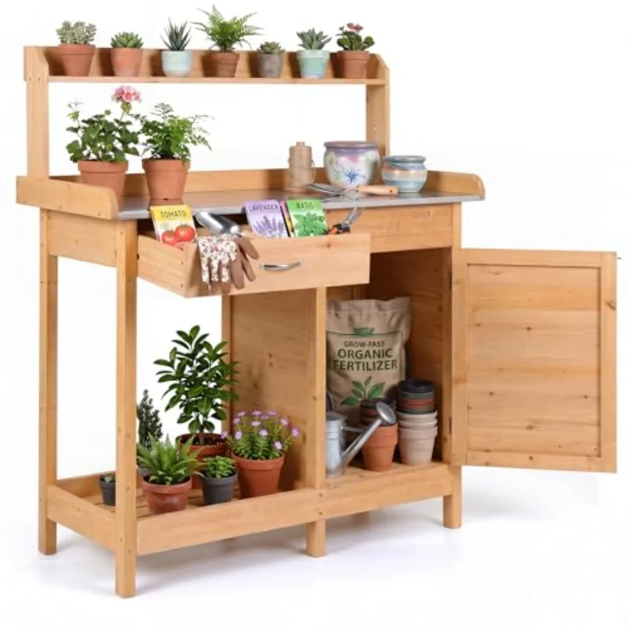 Outdoor Potting Bench Table, Wooden Garden Work Station with Drawer, Storage Cabinet, Open Shelf, Side Hooks, Metal Tabletop Ga