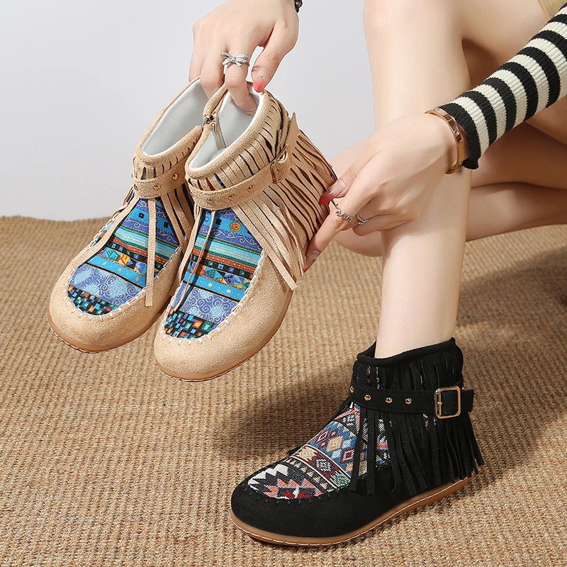 Side Zip Booties Vintage Autumn Winter European and American Riveted Tassel Flats