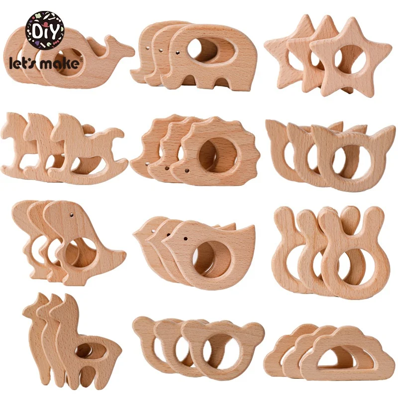 5pcs Wooden Teether Rodent Pacifier Pendant Wooden Toys DIY Baby Necklace Gift BPA Free Beech Hedgehog Bird Elephant Bunny