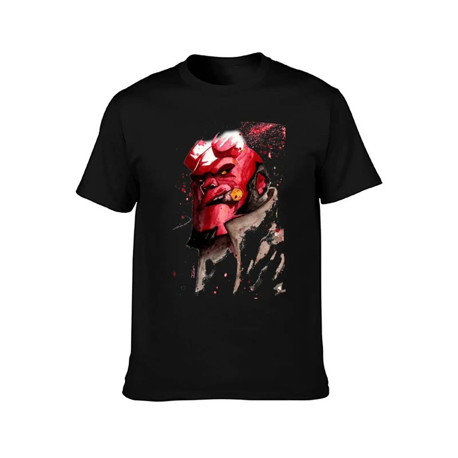 Hellboy Watercolor Design Comic Fanart T-Shirt, Summer Casual Cotton Tee, Oversized Streetwear Tops, Vintage Graphic Print