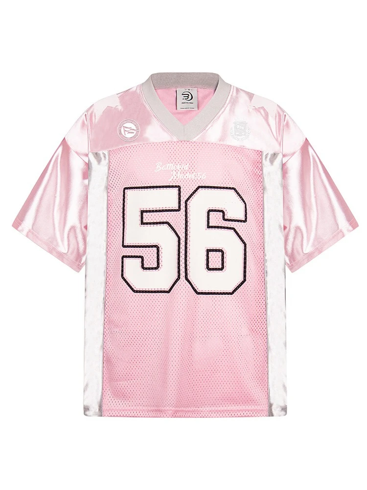 2025 Nuova maglietta sportiva in jersey patchwork T-shirt americana vintage in maglia con scollo a V T-shirt allentata casual da donna estiva oversize