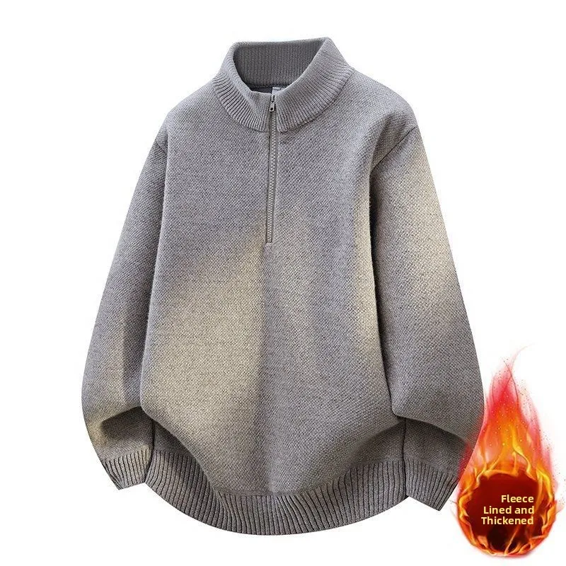 

Зимний мужской вязаный свитер 2025 года с воротником-стойкой на молнии, молодежный студенческий теплый повседневный свитер, длинный цвет све