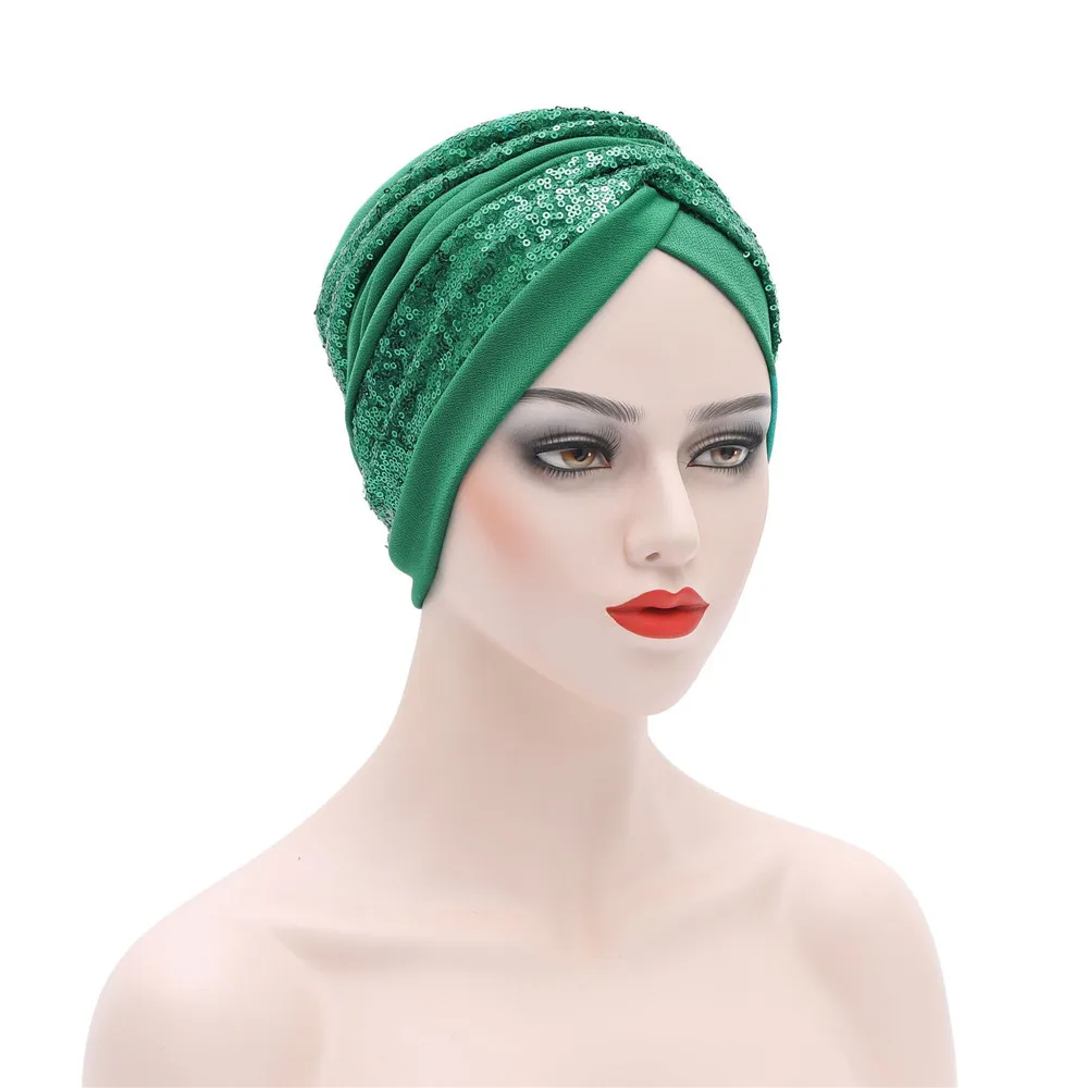 New Muslim Hijabs African Headtie Shimmer Sequin Pleated Hat Nigerian Ladies Head Wrap Chemo Caps Twisted Turban Women Auto Gele