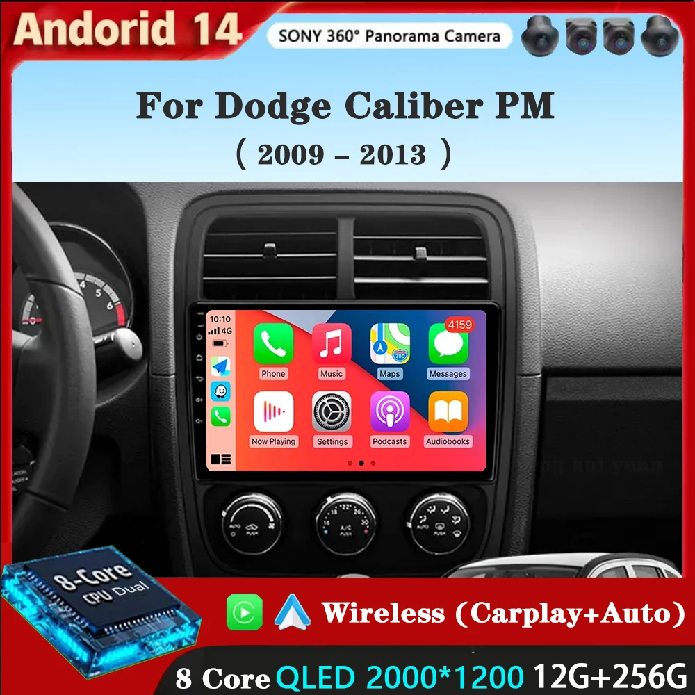 Para dodge calibre pm 2009 - 2013 android 14 rádio do carro sem fio carplay android auto multimídia player gps 4g wifi autoradio wifi