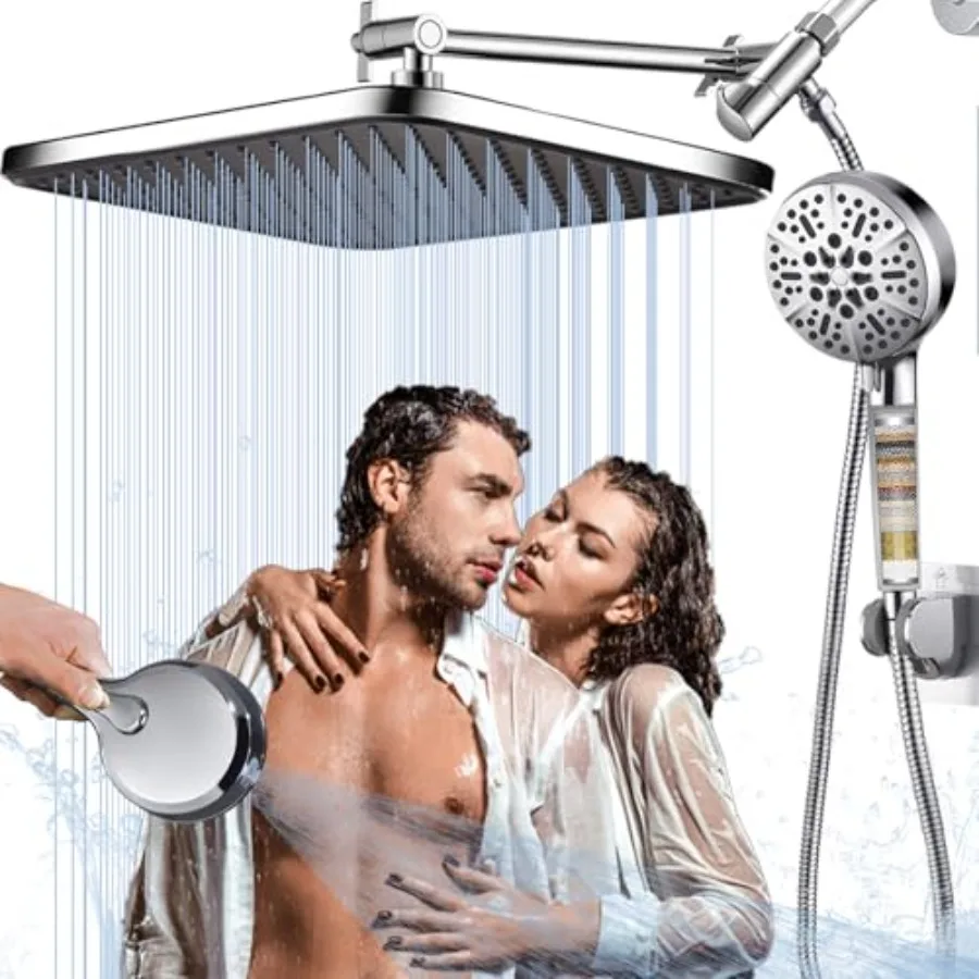 

Tandem Shower Head with Filters-14'' Rainfall ShowerHead, Filtered Power Wash Handheld for Hard Water, High Pressure Output, Re