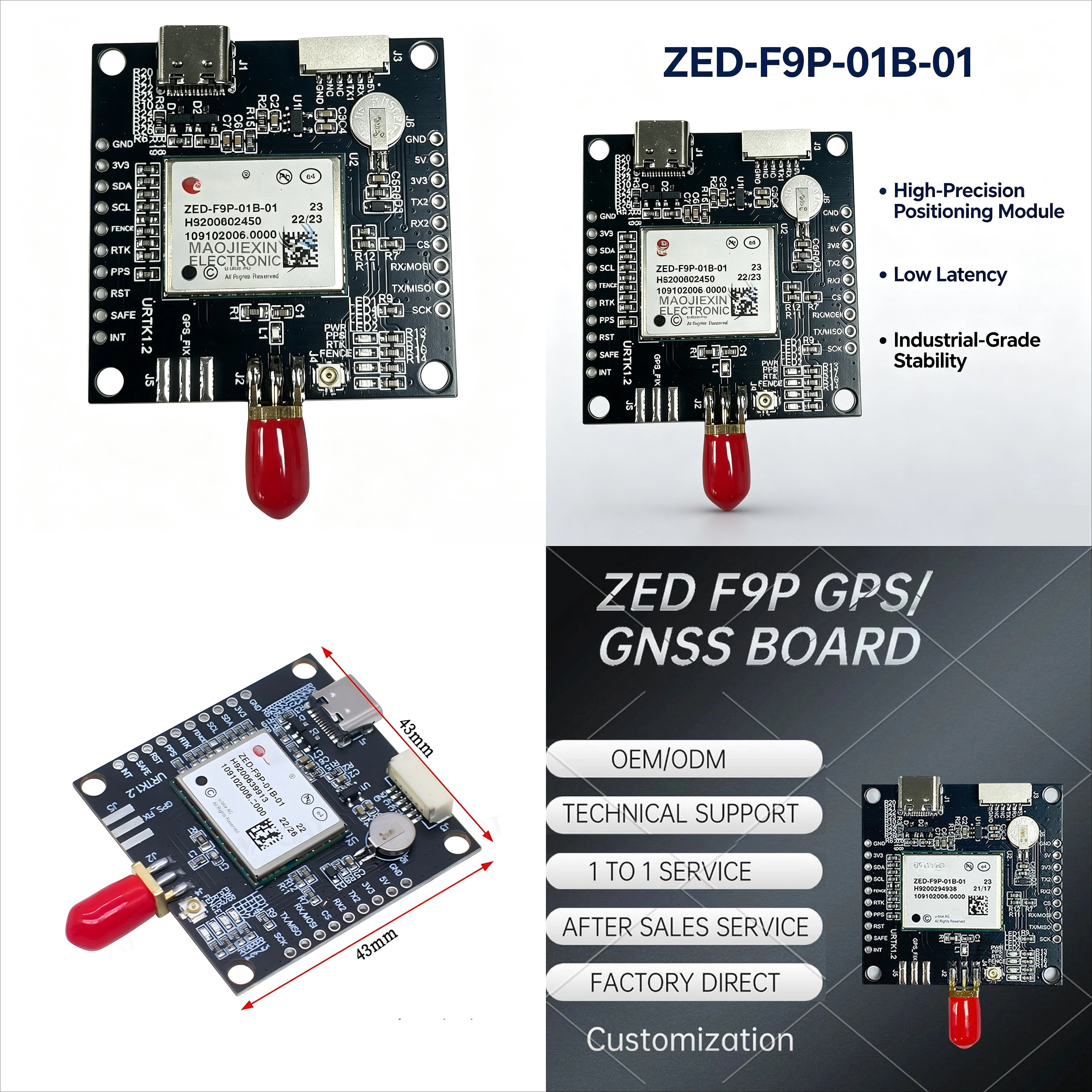 ZED-F9P-01B-01 RTK GNSS Receiver Board GPS Module, Dual Band L1 L2 Base Station Rover Station, Robot PX4 Raspberry Pi