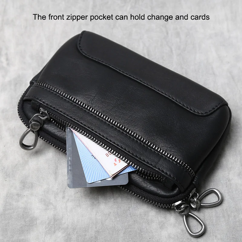 Herren-Gürteltasche aus echtem Leder, horizontal, für Mobiltelefone, Retro-Stil, Oberschicht aus Rindsleder, schlicht, lässig, mit Doppelreißverschluss, JLFGPJ – Detail 10