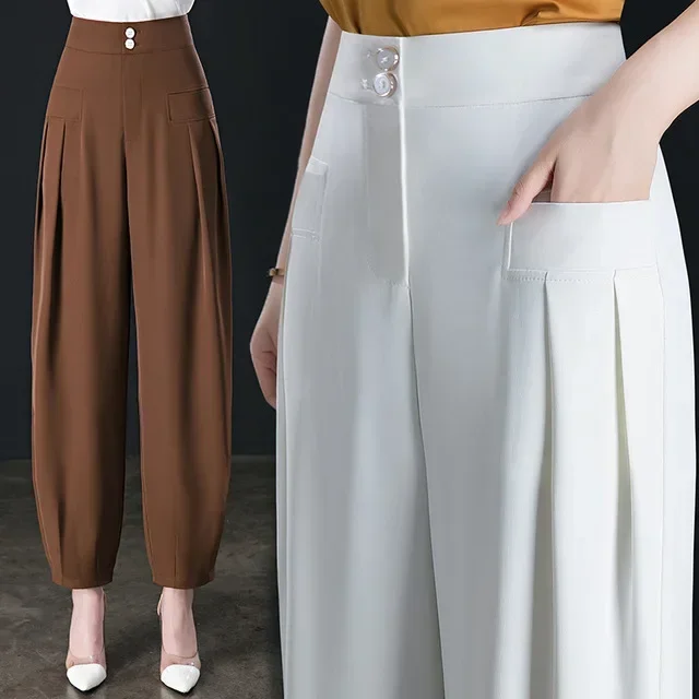 

Women's Solid Pockets Nine Points Plus Size Office Lady Trouser Loose Summer Spring Button Casual Pants for Female B399