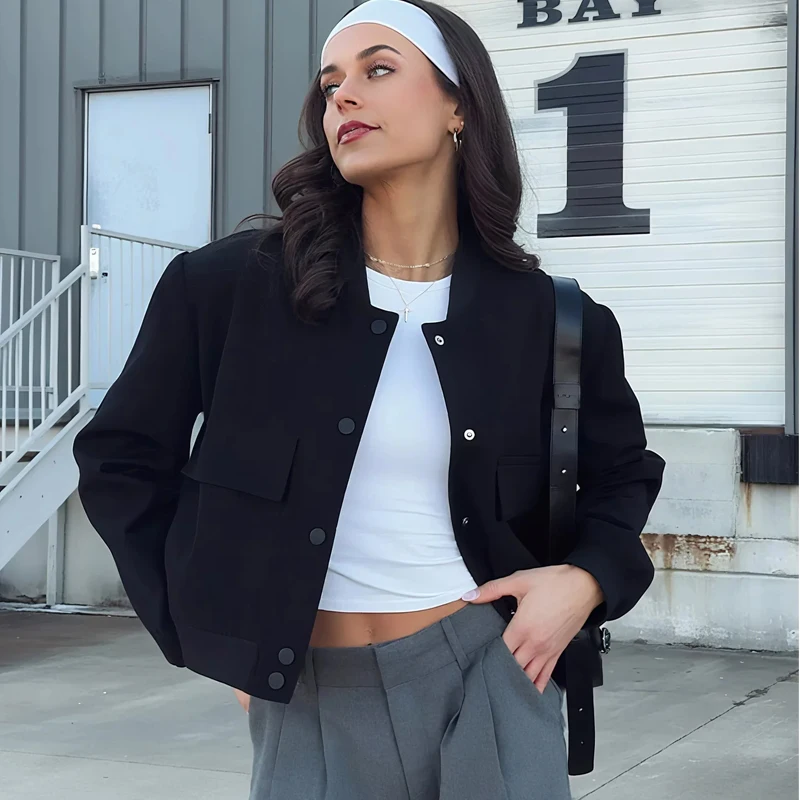 HXAO Women's Jackets Coat Demi-Season New In Bomber Jackets Long Sleeve Cropped Black Jacket Button Casual Aviator Jacket Woman