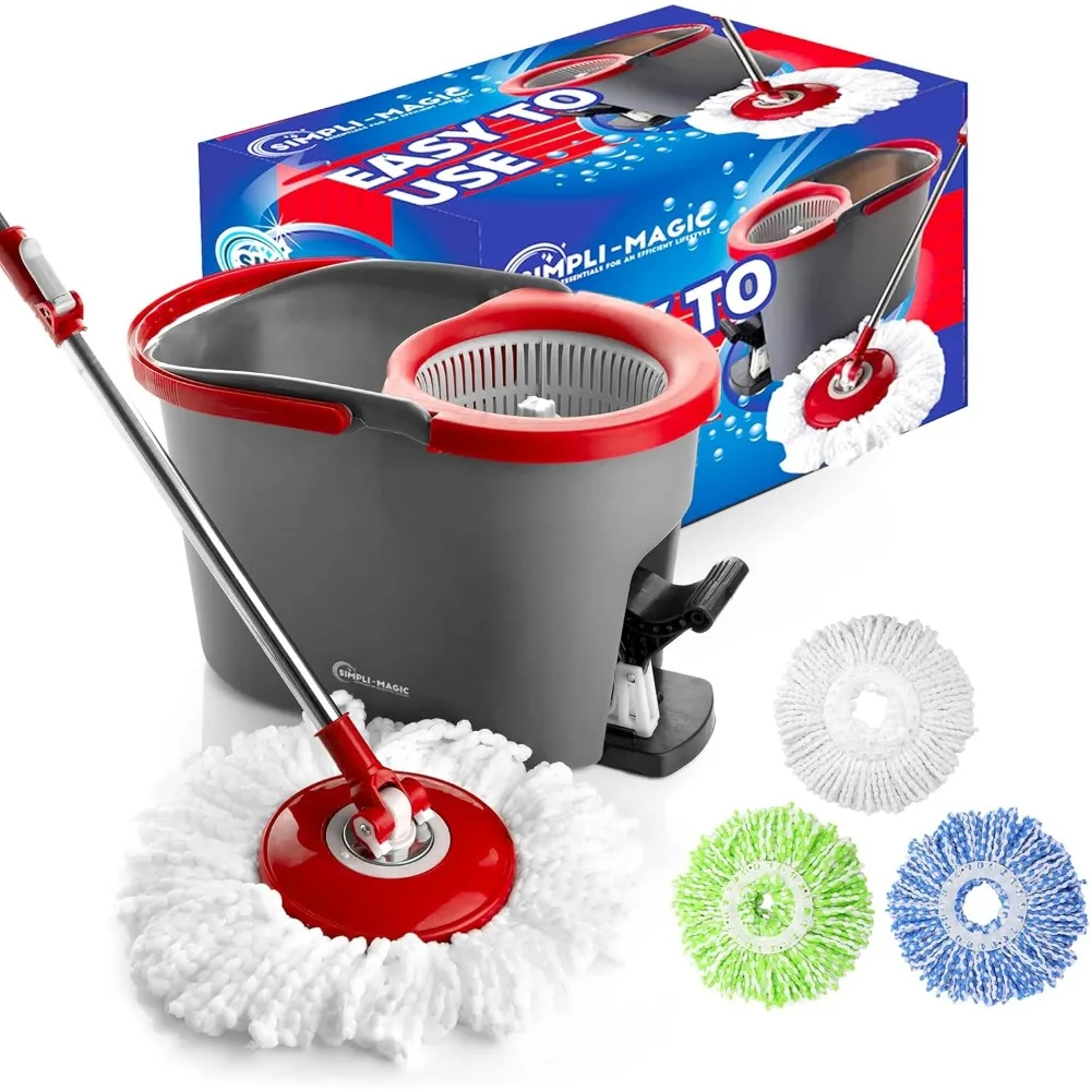 

Spin Mop Cleaning System with 3 Microfiber Mop Heads, Red/Gray and Red/Black, Extendable Pole