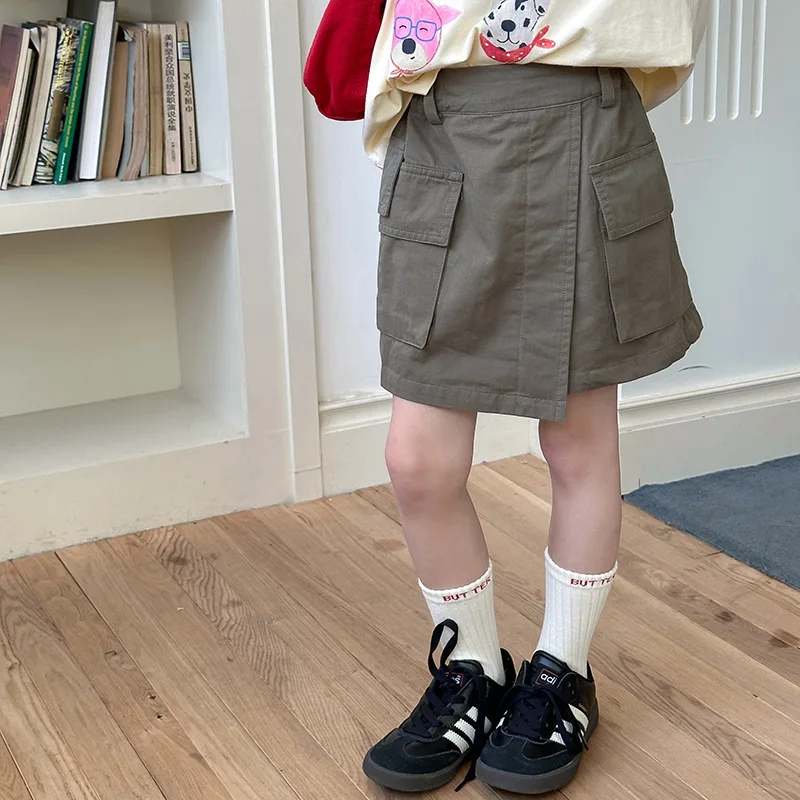 Children Clothes Girls Pocket Cargo Short Skirt Fashionable 2024 Autumn Solid Color Casual Simple Girls Sweet Cool Skirt